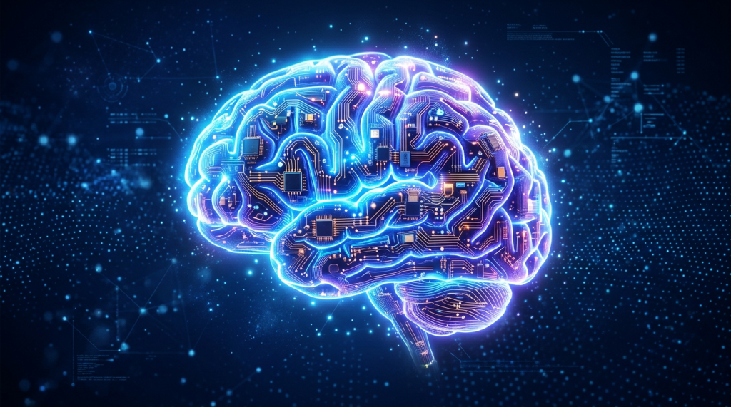 Glowing brain with circuits on dark blue background